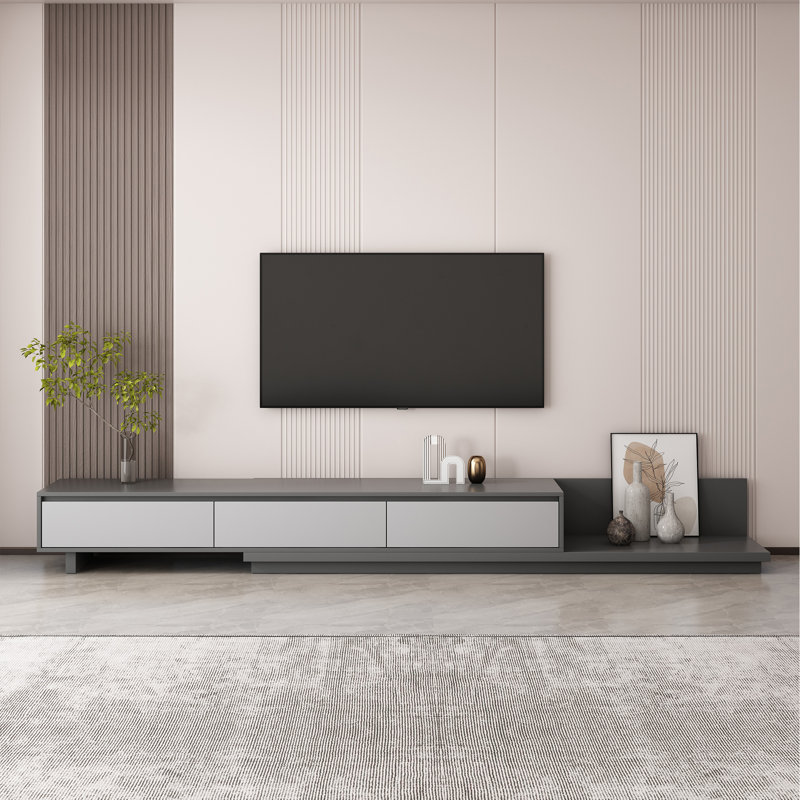 Gafton 79"- 130" Extendable TV Stand With 3-Drawer, Dark Gray/Light Gray