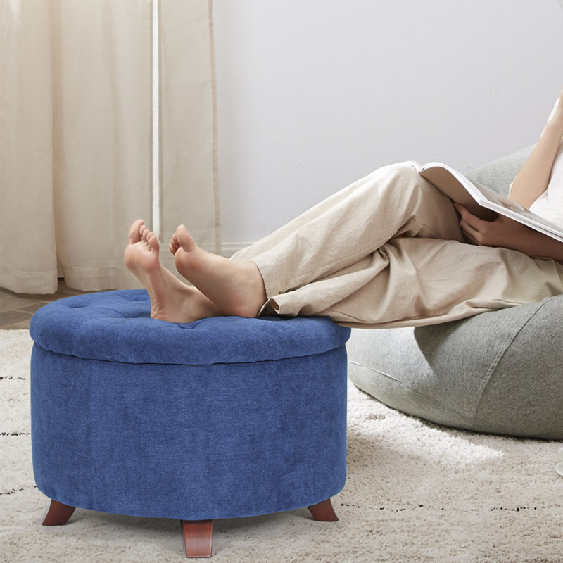 Upholstered Storage Ottoman Bench Button Tufted Round Ottoman Footrest Stool for Living Room Bedroom, Navy