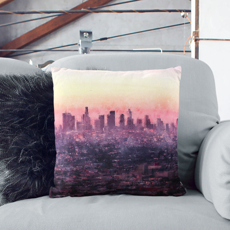 Los Angeles Skyline in the Morning Painting Cushion with Filling, 40cm H x 40cm W x 15cm D, Black