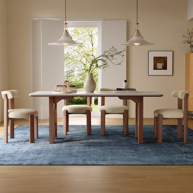 Table de salle à manger rectangulaire de 71 po pour 6 personnes, pieds en bois massif, plateau de table en pierre