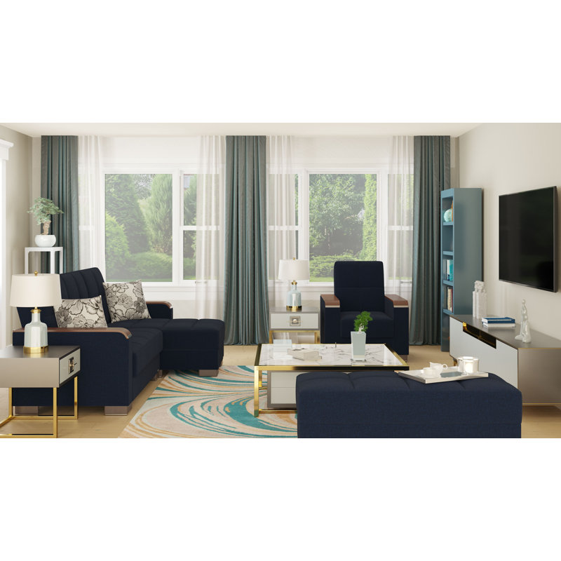 PrimeNest SkyHaven Collection Upholstered Ottoman with Storage, Dark Blue Polyester