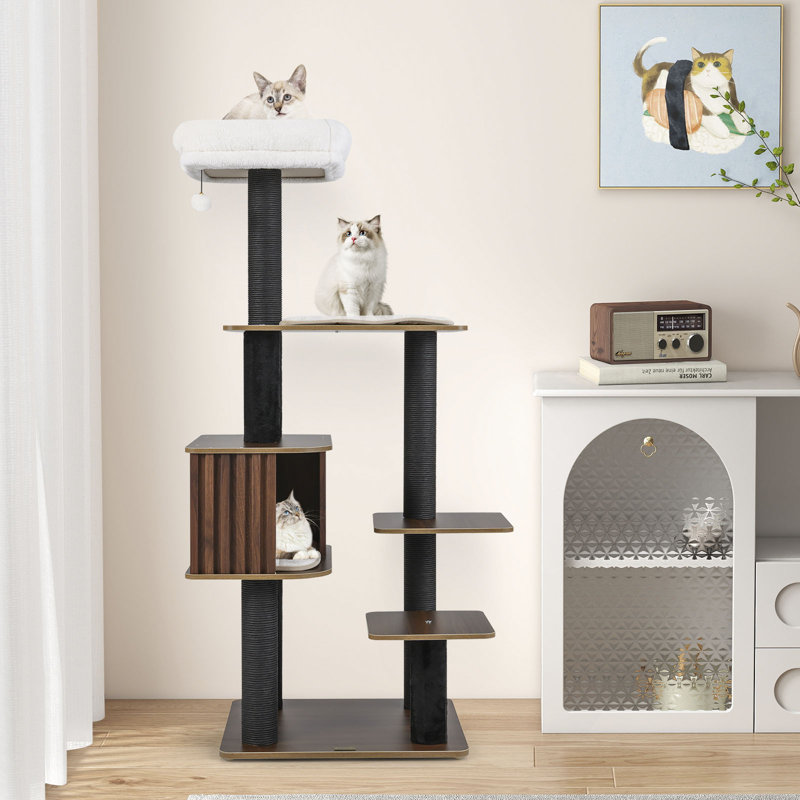 Gymax 59.5'' Tall Cat Tower w/Cushion Top Perch Detachable Mats Scratching Posts Brown, Brown