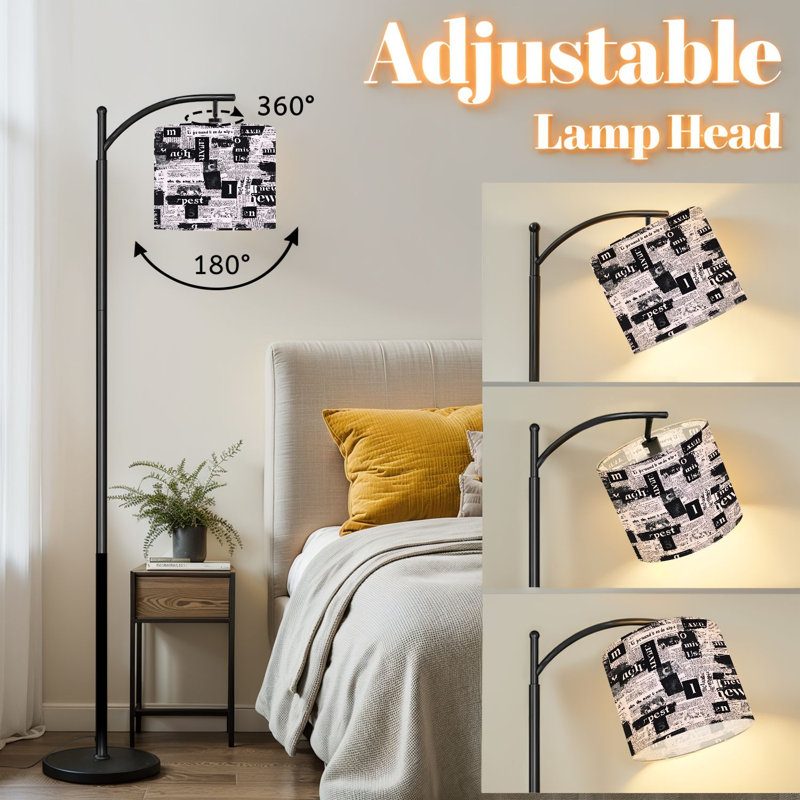 Arc Floor Lamp with Adjustable Lampshade Black White Newspaper Collage Grunge Typography Torn Standing Lamp 3 Color Temperatures Dimmable Tall Pole Lamp with Foot Switch for Bedroom