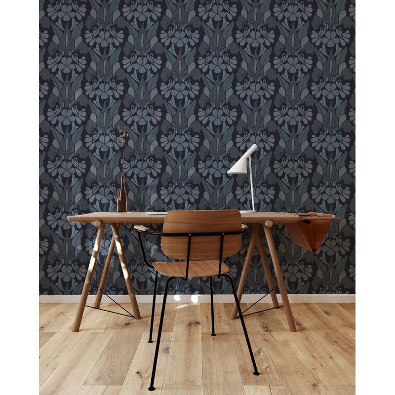 Signature Dragon Flower 10' L x 24" W Peel and Stick Wallpaper Roll, Blue, Faux Grasscloth