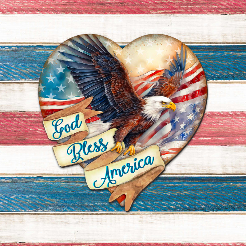 God Bless America Patriotic Eagle Heart Decorative Holiday Door Décor by G. DeBrekht, 12" H x 12" W x 1" D