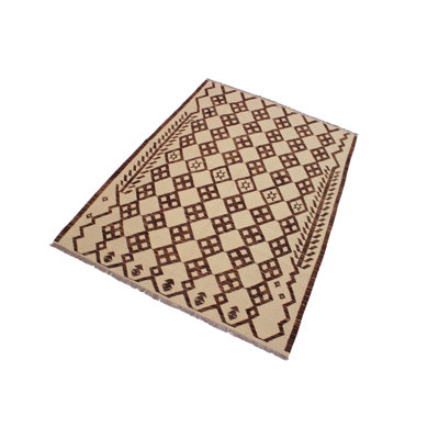 Tapis beige en laine beige 5 pi 11 po x 8 pi 4 po one-of-kind fait main kilim Saylor
