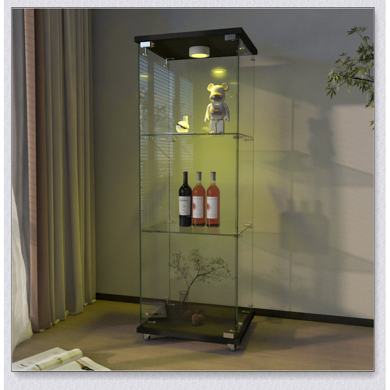 Modern Glass Display Cabinet with LED lights, Quick-assembly Antique Cabinet, Tempered Glass Bookshelf, Suitable for Living Room and Bedrooms, 1-door 3-shelf
