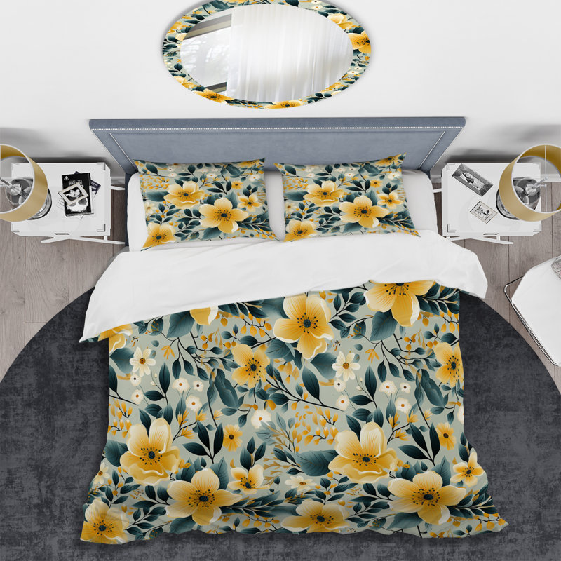 Yellow & Teal Gingham Charm Floral Pattern Box Stitch Floral Duvet Cover, King Duvet Cover + 2 King Shams