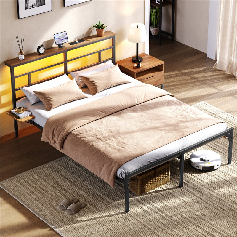 Metal Bed Frame with Charging Station & LED Headboard & Movable Storage Rack, Kingsize (5'), Black