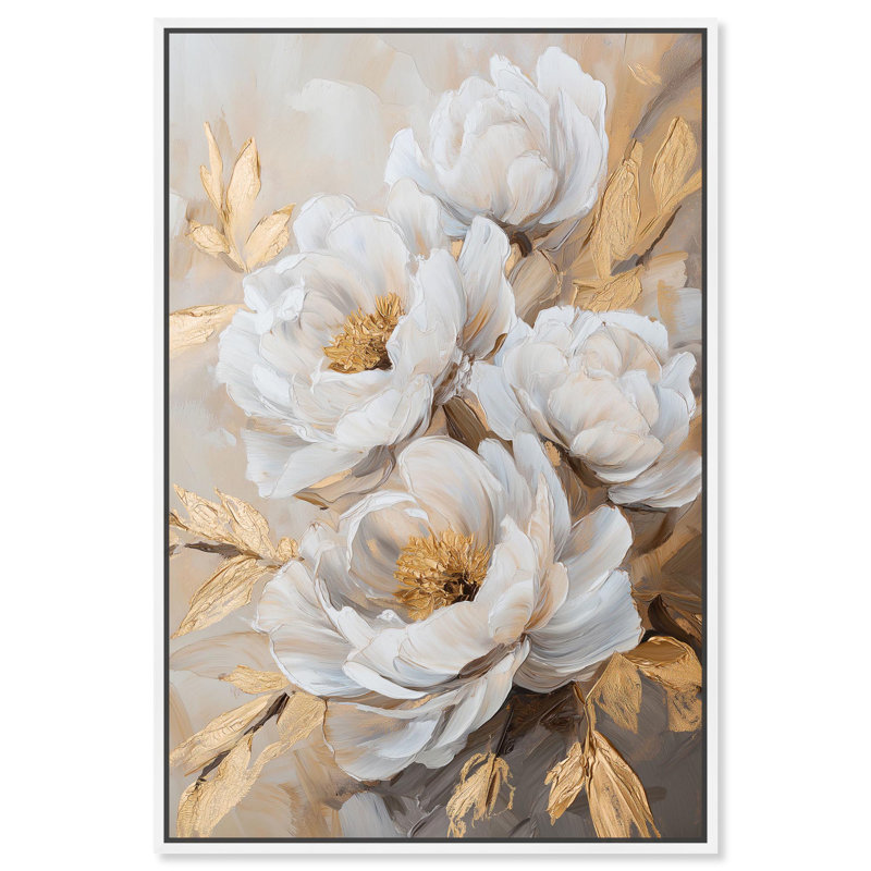 Art Remedy, art floral élégant sur toile, Blooming in the Golden Mist, H 55 po x l 37 po, Cadre flottant blanc