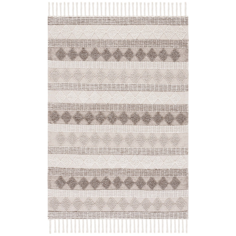 Ansam Hand Woven Wool/Cotton Geometric Rug in Gray/Ivory, Rectangle 6' x 9'