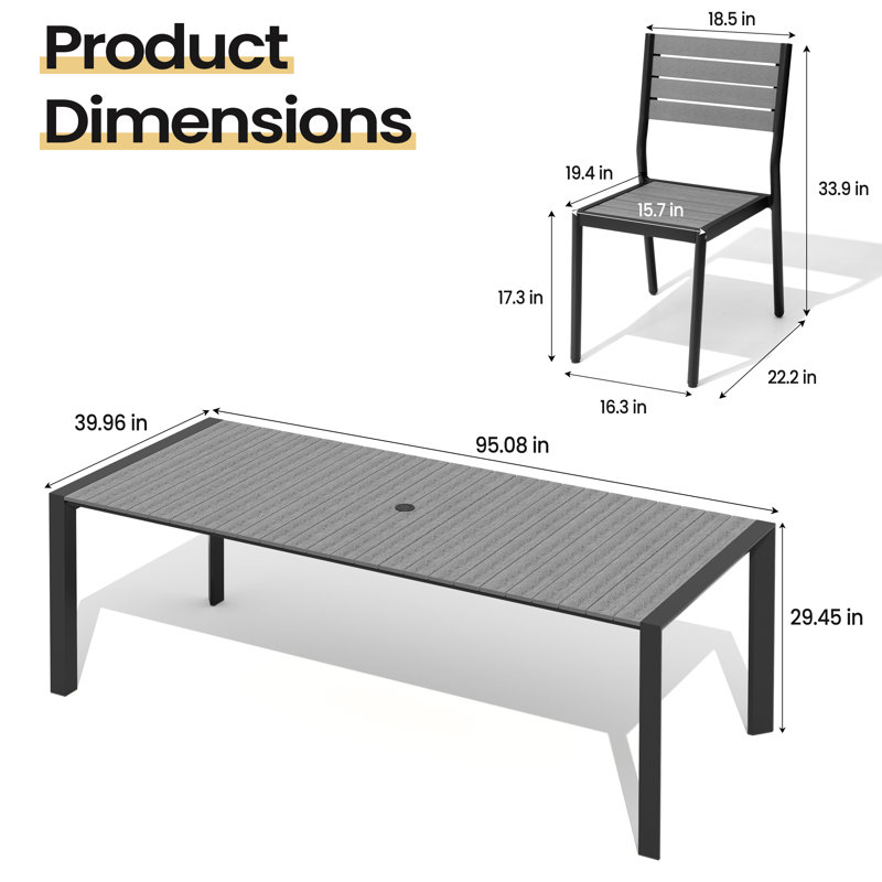 Ensemble repas pour 8 personnes en aluminium l 95 po x P 40 po avec trou pour parasol (taille 2) et chaises empilables, Gris