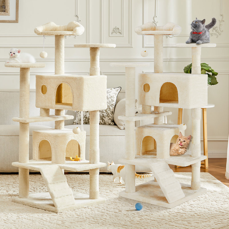 Tour pour arbre à chat 54 po avec poteau à griffer, ensemble de meubles pour chat à plusieurs niveaux (ensemble de 2), Beige