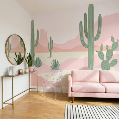 Papier peint paysage désertique rose cactus Saguaro