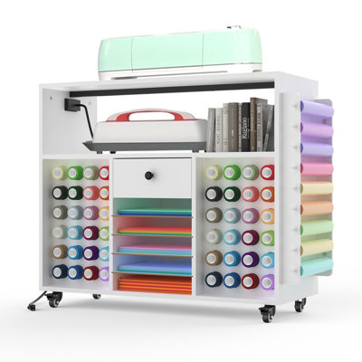 Craft Cart with Power Outlet, Rolling Craft Storage Workstation Compatible with Cricut Machines, 57 Vinyl Roll Holders Mobile Hobby Table with Large Drawer, White