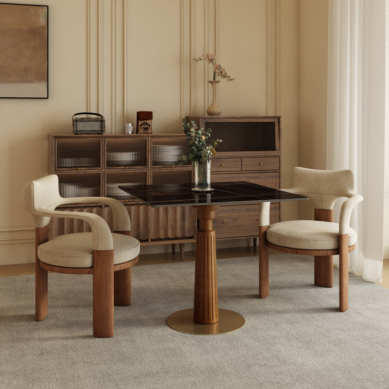 33" Square Dining Table with Marble-Style Top and Gold Pedestal Base — Modern Chic for Small Spaces, Black; Gold