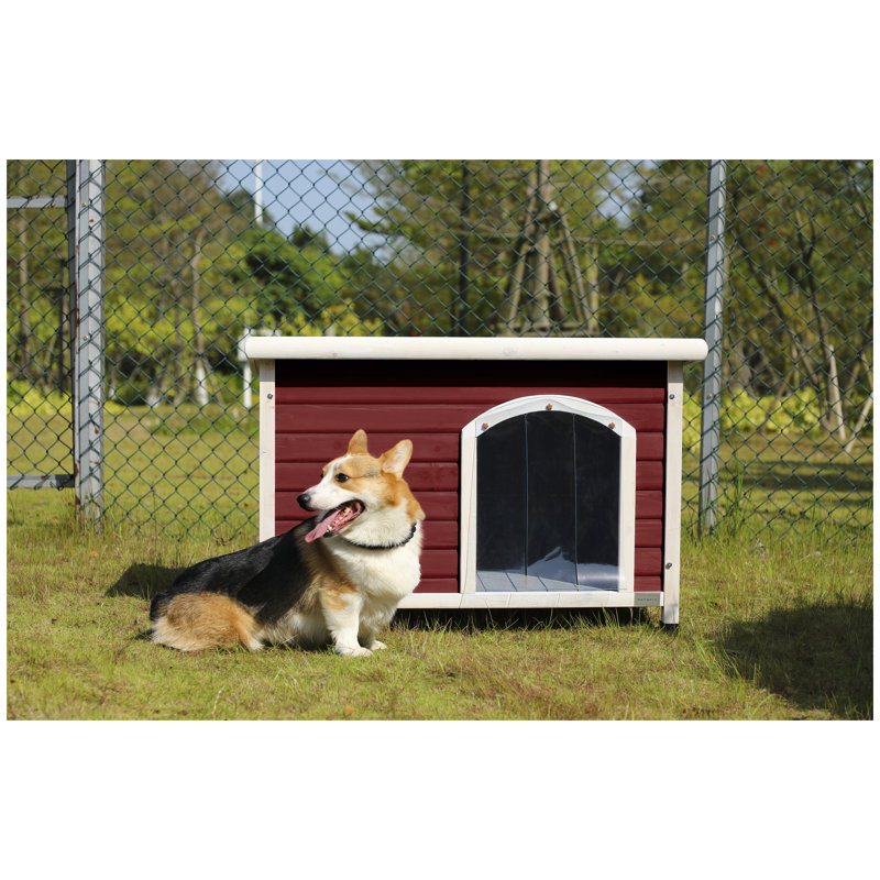 Niche pour chien d'extérieur moyenne en bois avec toit imperméable et plancher surélevé, chenil en bois massif rouge, Rouge