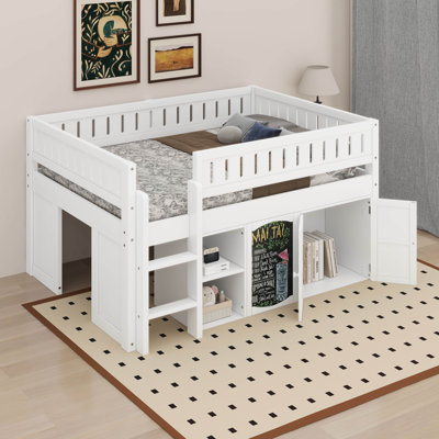Lit mezzanine double avec armoire de rangement et tableau noir