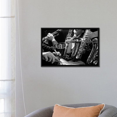 " 1960s Hands Of Anonymous Jazz Combo Playing Saxophones Trumpet And Cymbal With Wire Brush Drumstick "