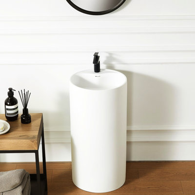 Minimalist Solid Surface Pedestal Basin 66s - 08 For Bathroom, Matte White Color, 18.22" X 35.25" Size, Overflow Drain, Easy To Install Height, Non Porous Surface, And Low Maintenance