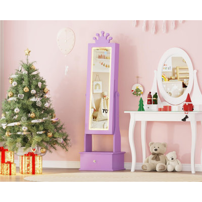 LED Vanity Mirror with Jewelry Storage, Princess Style Wooden Armoire with Lights and Drawers for Girls Dress-Up, Freestanding Dresser with Jewelry Organizer.