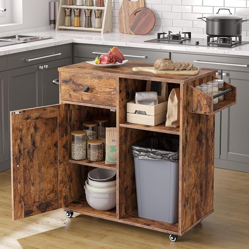 Meuble de rangement pour îlot de cuisine avec tiroir, étagère à épices et porte-serviettes, design gain de place, brun rustique