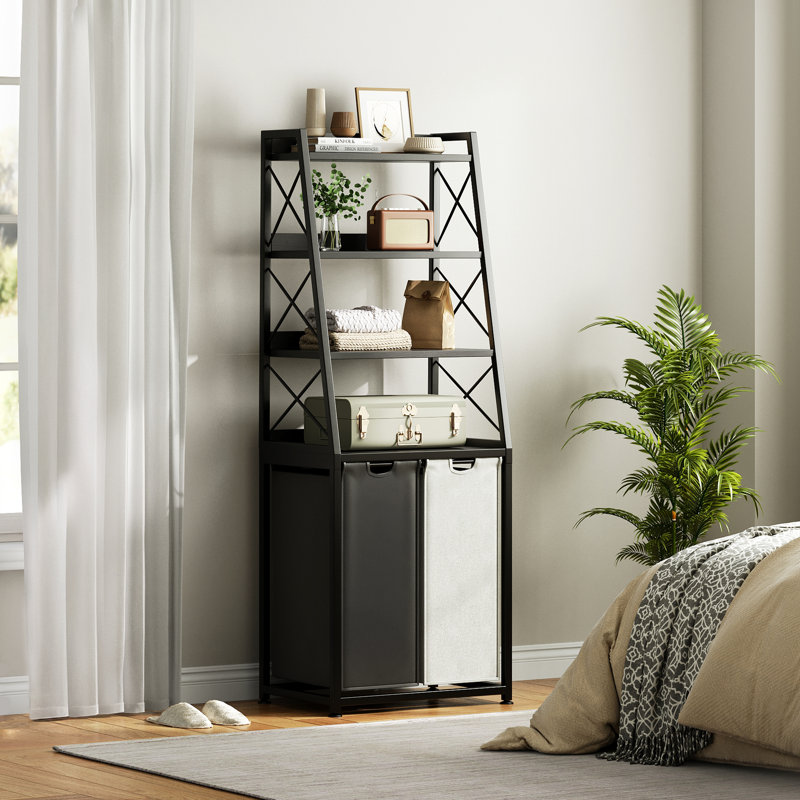 Laundry Basket, 2 Section Laundry Hamper With 4 Tiers Shelf, Pull-Out And Removable Laundry Bags, Large 2 X 15.87 Gallons, For Bedroom Bathroom Black Pf11Xlk