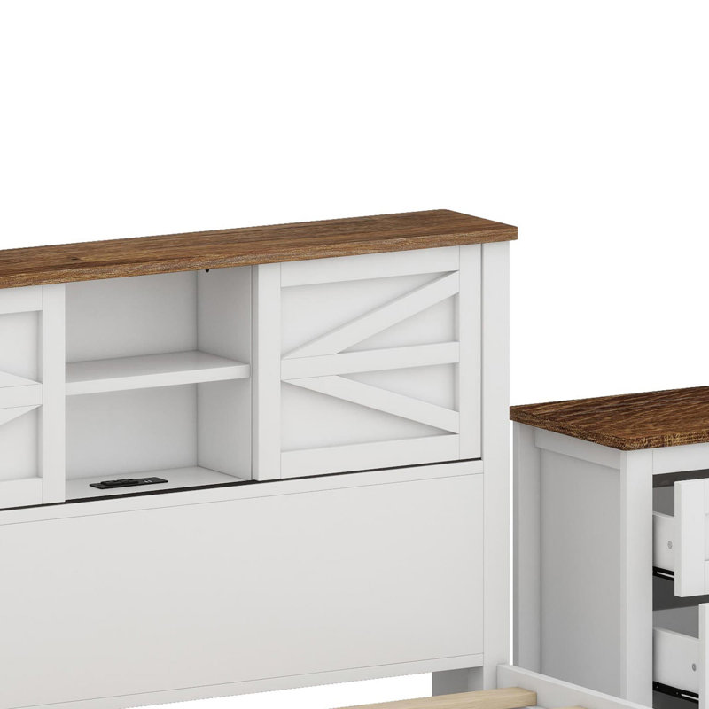 Ensemble de chambre à coucher 3 pièces avec lit plateforme Farmhouse, Blanc / Brun