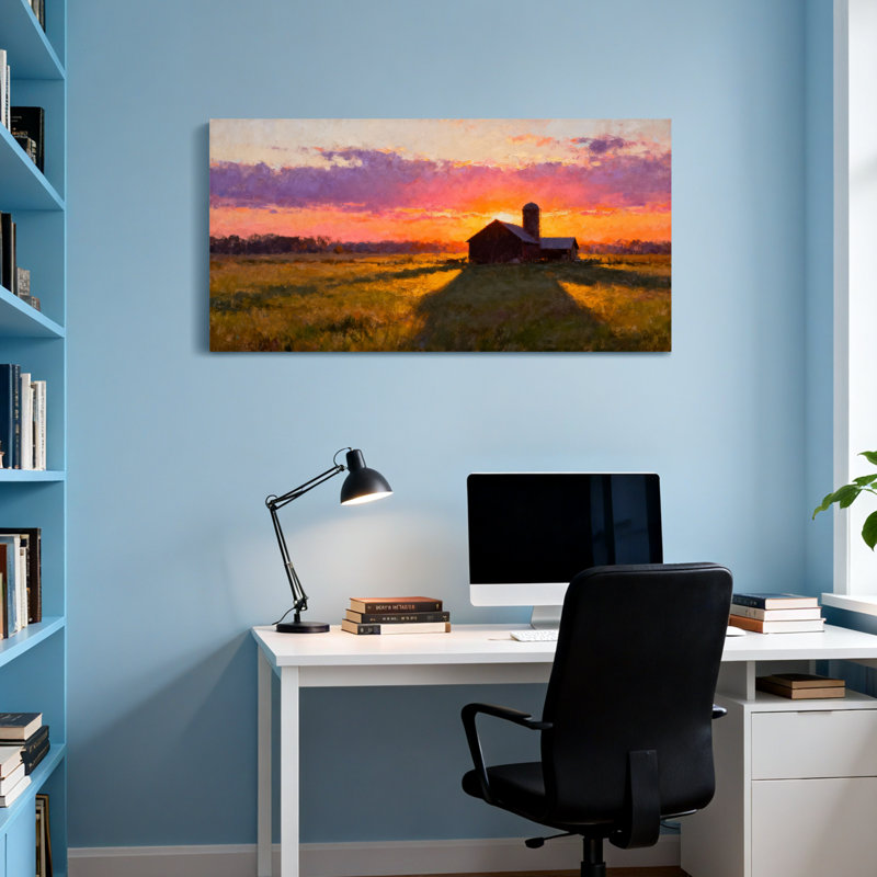 Paysage pittoresque et urbain, coucher de soleil, champ de grange, nuages, couleurs, paysage, H 24 po x l 48 po