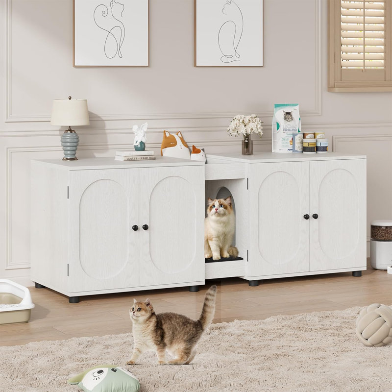 Double Cat Litter Box Furniture, Large Cat Litter Box Fence With Cat Litter Pad, White