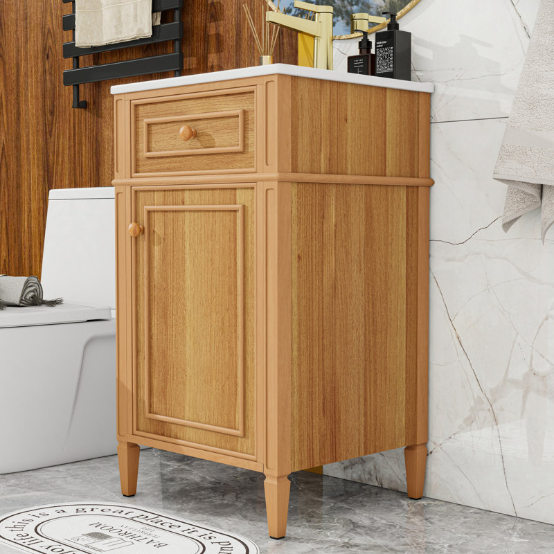 Meuble-lavabo de salle de bain avec lavabo en céramique, tablettes réglables, tiroir rabattable et portes à fermeture en douceur