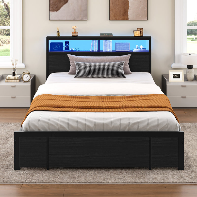 96cm Height Bed Frame with LED Headboard No Box Spring Needed, Black, European Kingsize (160 x 200 cm)