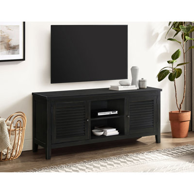 60 - Inch Coastal Style Tv Stand In Distressed Finish, Suitable For 69 Inches Tvs, With Two Louvered Doors And Central Open Shelves Cord Management Primary Living Space Wood Concealed Storage