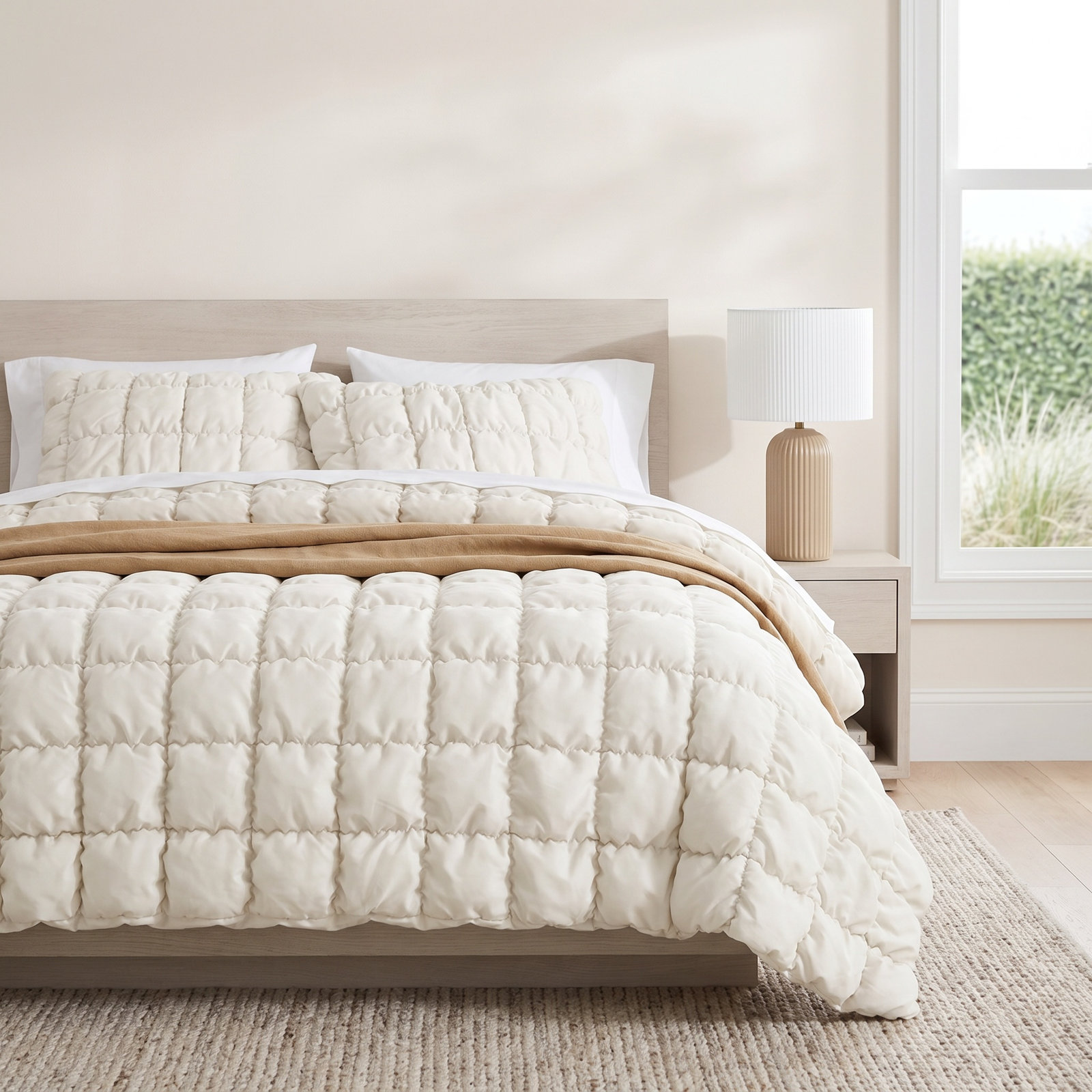 Puff Comforter Set, Queen Comforter + 2 Standard Shams, White