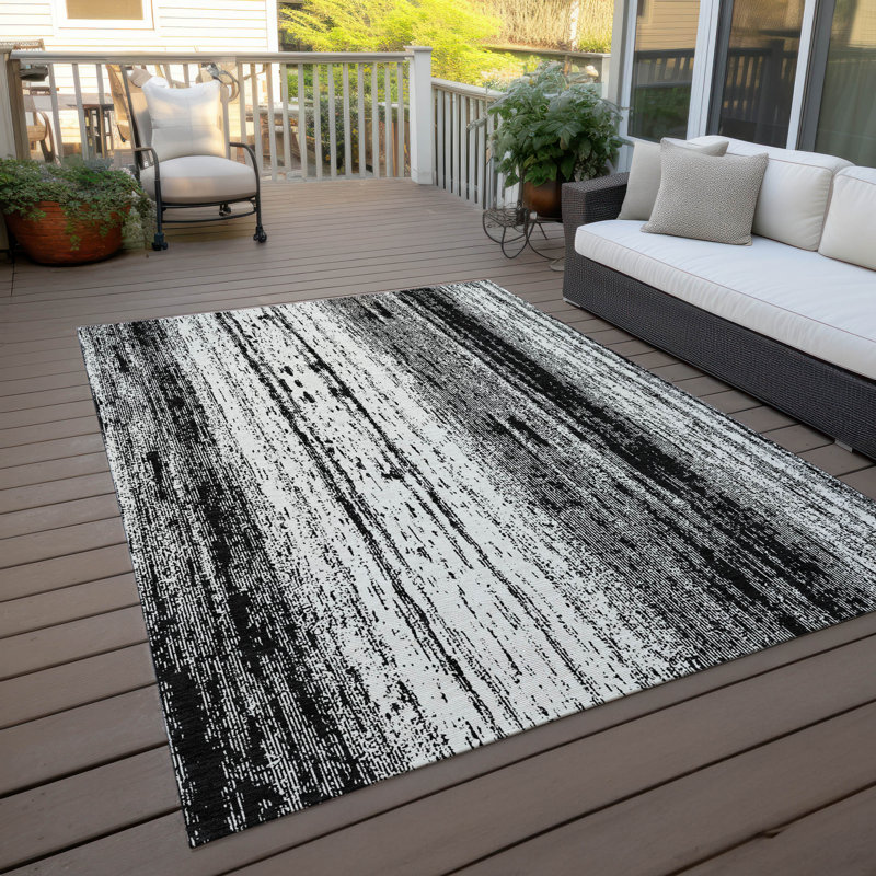Tapis intérieur / extérieur en polyester tissé à la machine noir / beige Charysse, Rectangulaire 3 pi x 5 pi