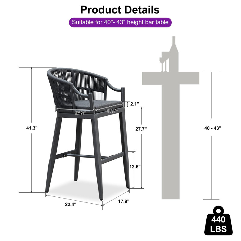 Tabourets de bar hauts modernes en métal pour patio, avec dossier et accoudoirs ergonomiques, Gris, Gris foncé