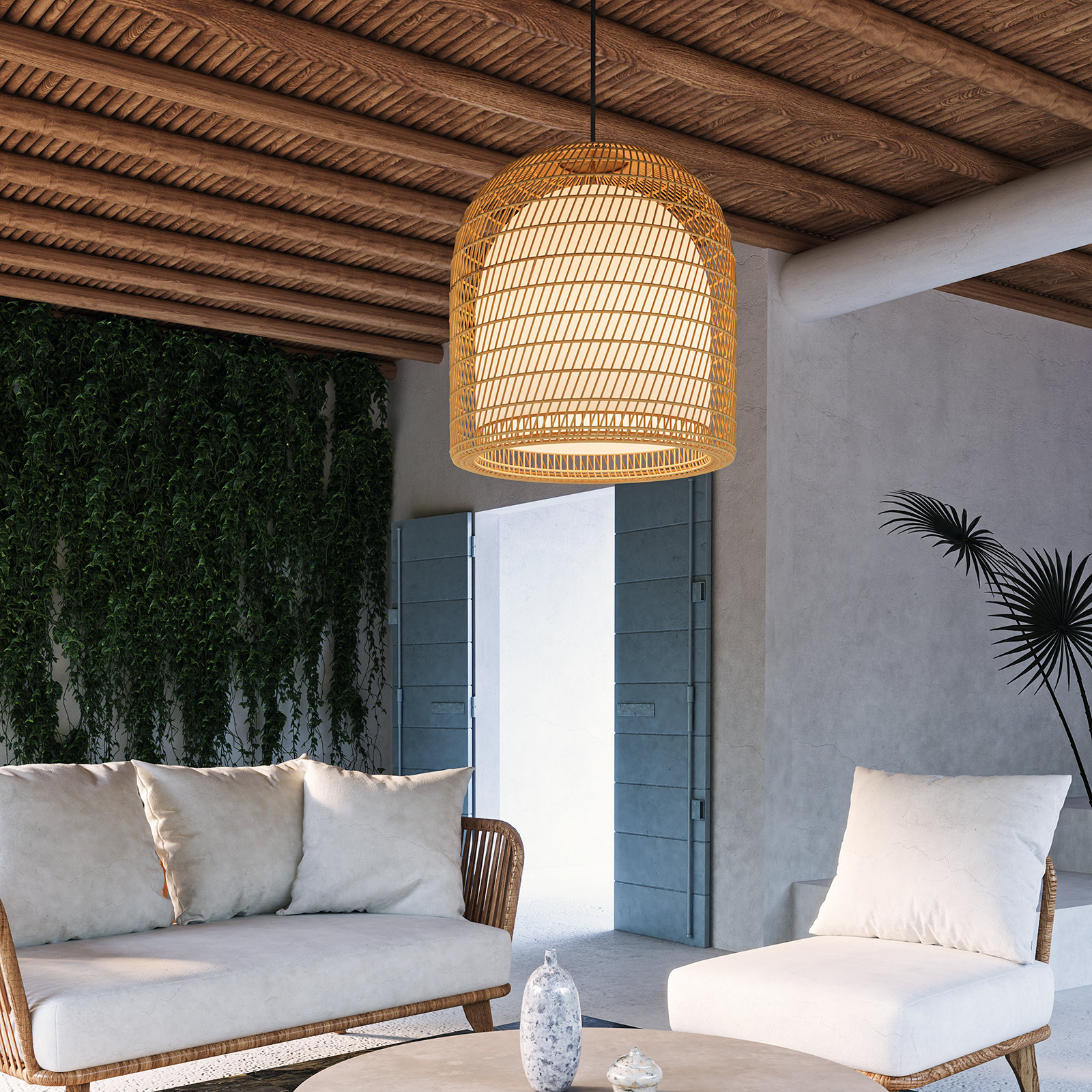Verbana Single Light Rattan Steel Pendant, Brown