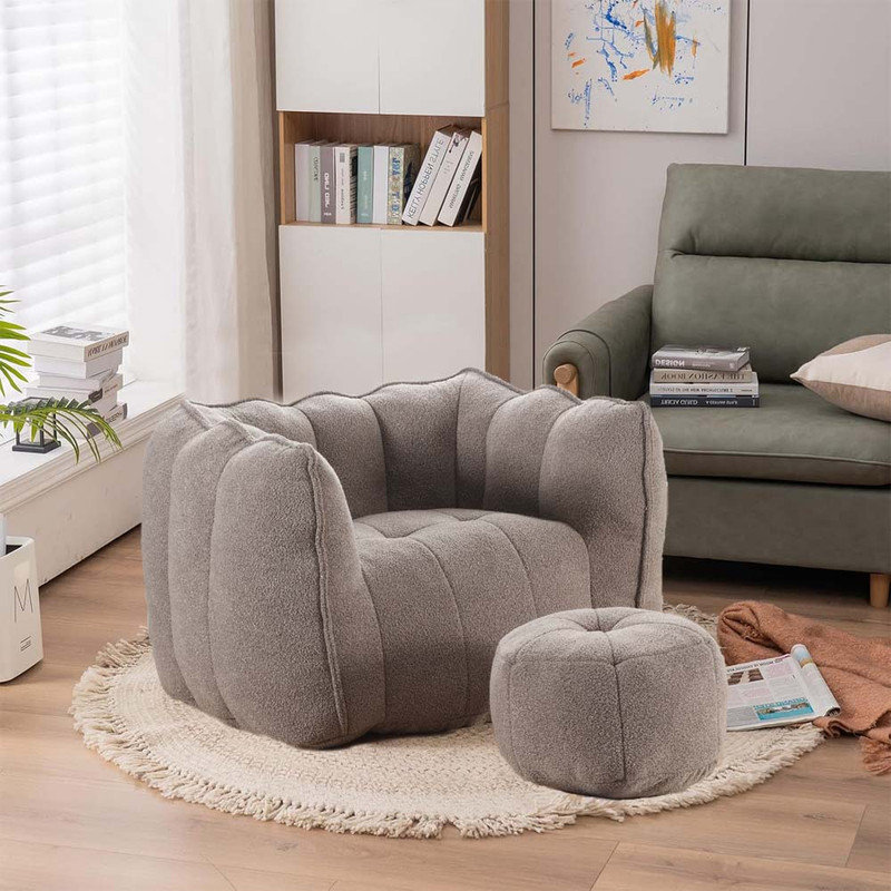 Chenille Soft Bean Bag Chair,Multifunctional Comfortable Square Sofa with Footstool, Coffee Chenille