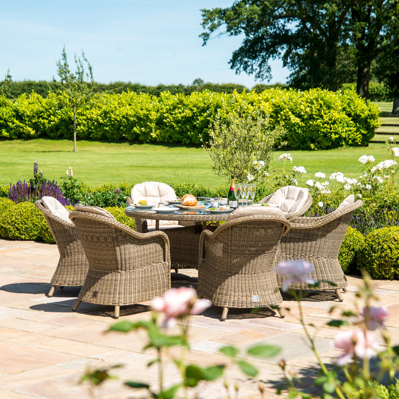 Balch 6 Seat Round Rattan Fire Pit Dining Set - with Lazy Susan