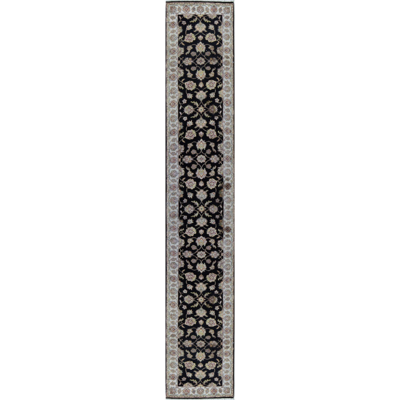 Hand-Knotted High-Quality Black and Cream Runner