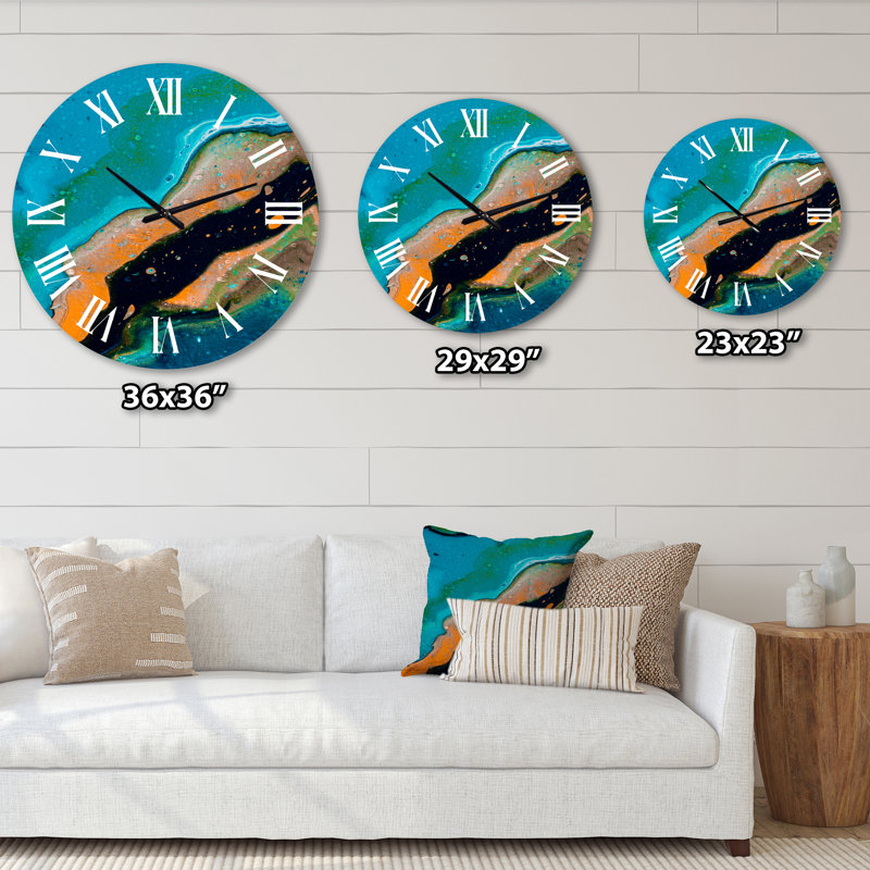 Composition abstraite de marbre en bleu et orange II - horloge murale moderne, Grand