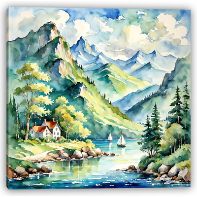 «Serene Mountain Lake», toile tendue à l'aquarelle