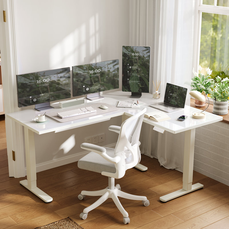 63" L-Shaped Adjustable Height Glass Standing Desk, Wireless Charging and Smart Storage, White