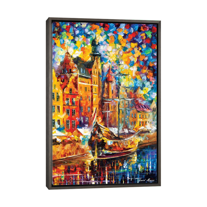 « Old dock » par Leonid Afremov, reproduction d’art, H 26 po x l 18 po x P 1,5 po, Toile avec cadre gris, Pas de tapis