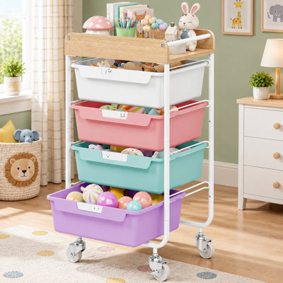 Rolling Utility Cart with 4 Labelled Ice-Cream-Coloured Drawers and a Wooden Tabletop for Art, Crafts, Sewing, and Studying; Suitable for Crafters, Artists, Sewing Enthusiasts, Kids, Teachers, and Students