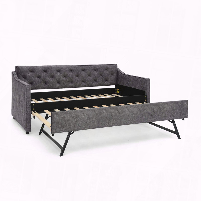 Upholstery DayBed Pop-up Trundle USB Charging Design, Gray