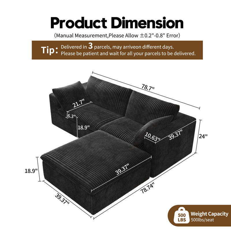 LoveSeat Cloud Modular Sectional Couch,78.7"W Corduroy Sofa with Ottoman,3-Piece No Assembly Required Boneless Couch