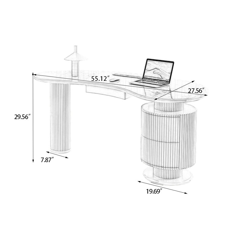 Bureau courbé en cristal fritté + bois manufacturé avec 3 tiroirs, H 29,56 po x l 55,12 po x P 27,56 po, Retour à droite