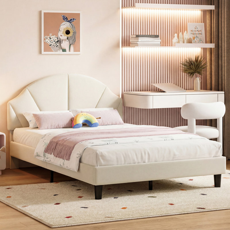 Velvet Kids Bed Frame with Fan-Shaped Upholstered Headboard, Beige, Double (4'6)
