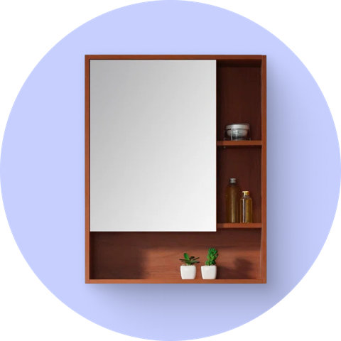 Une armoire de salle de bain en bois avec miroir et étagères latérales pour le rangement, sur un fond circulaire violet.